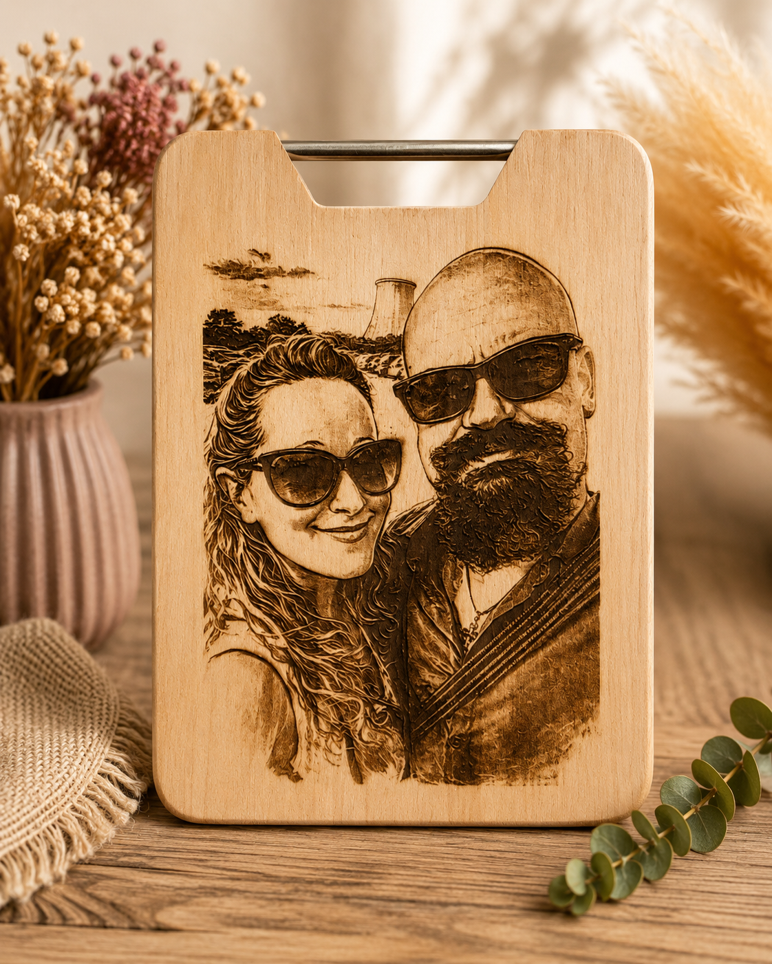 Portrait Caricature Personnalisé – Gravé sur Bois, Toile ou Rondelle