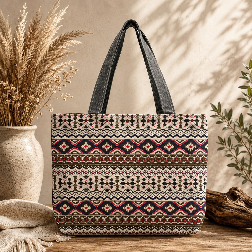 Tote Bag Ethnique Boho – Motif Aztèque Noir & Beige