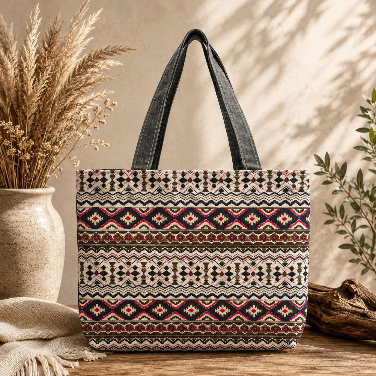 Tote Bag Ethnique Boho – Motif Aztèque Noir & Beige