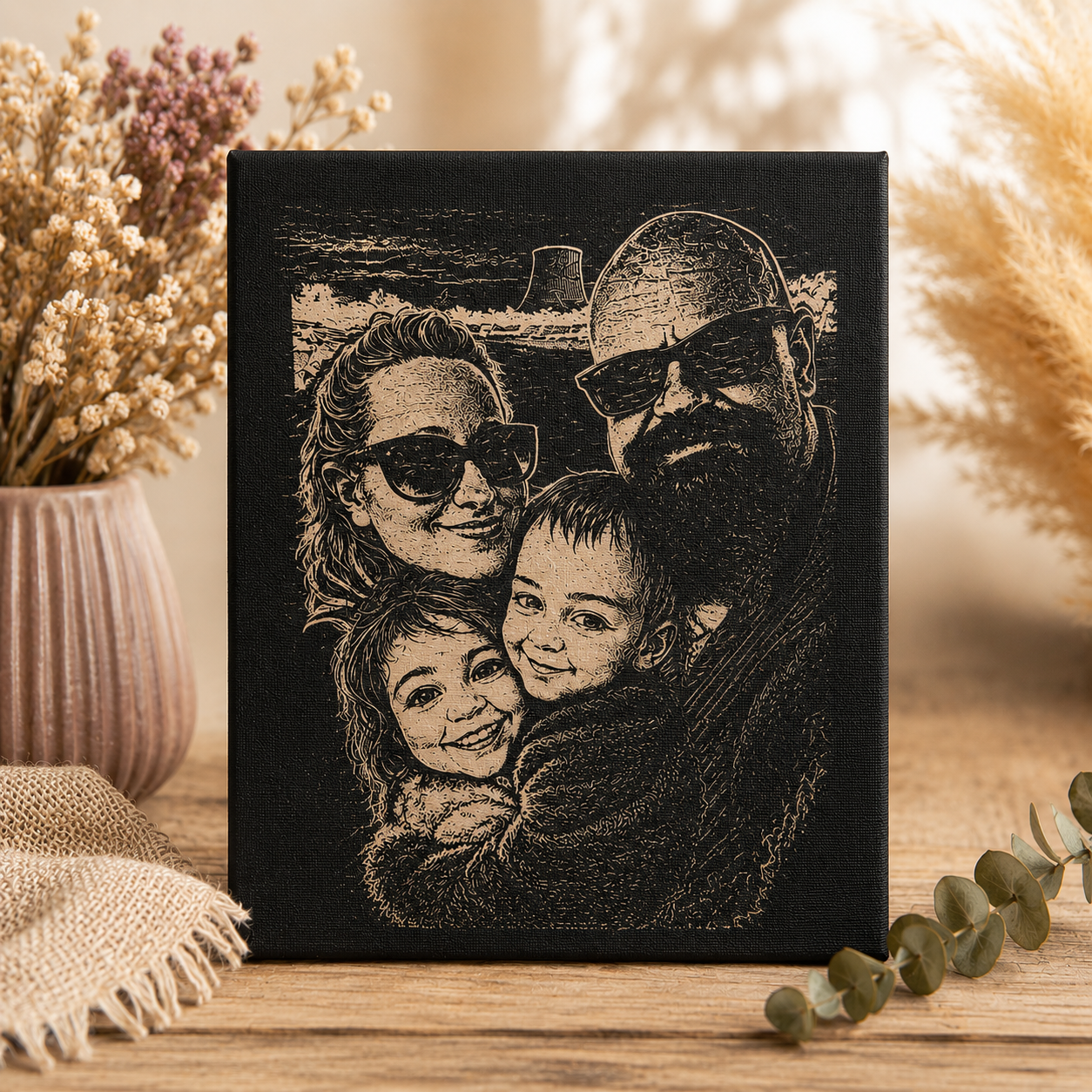 Portrait Caricature Personnalisé – Gravé sur Bois, Toile ou Rondelle