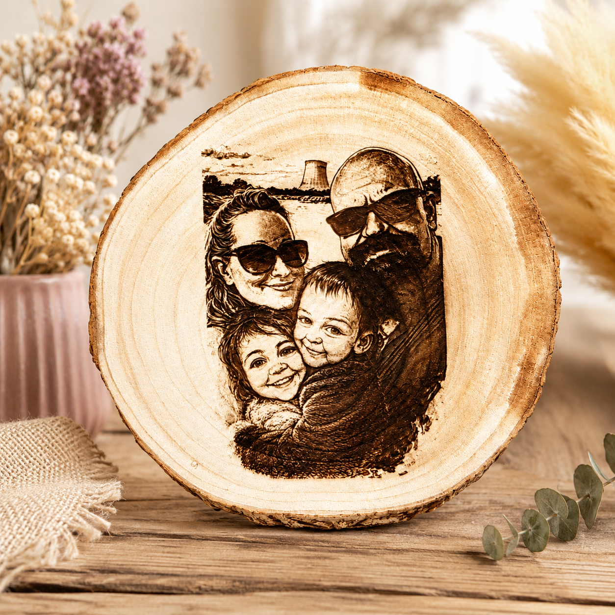 Portrait Caricature Personnalisé – Gravé sur Bois, Toile ou Rondelle