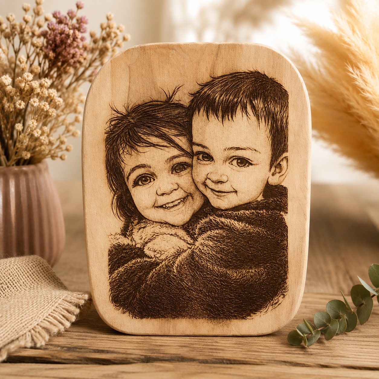 Portrait Caricature Personnalisé – Gravé sur Bois, Toile ou Rondelle