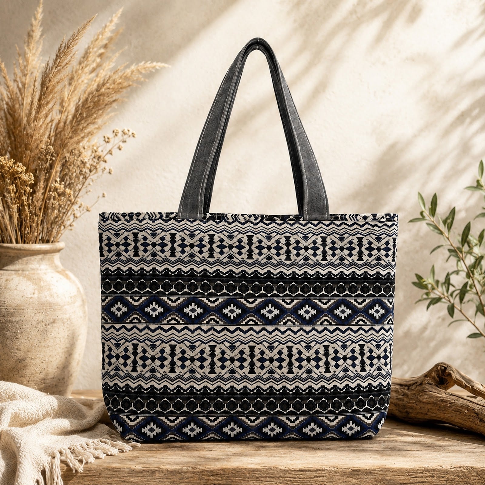 Tote Bag Ethnique Boho – Motif Aztèque Noir & Beige